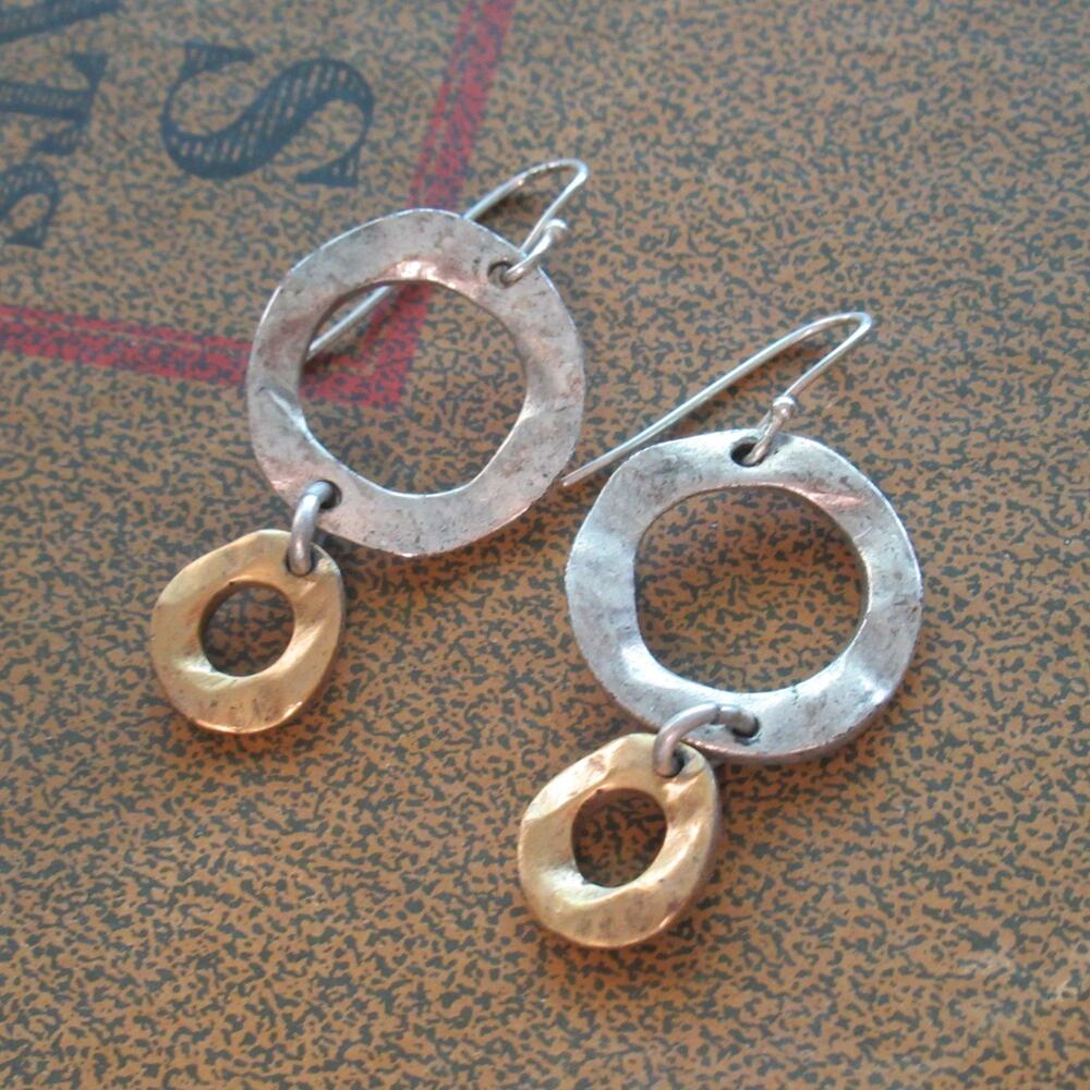 Handmade Dangle Hoop Earrings Silver Tone Metal Brass Tone Hanging Circles Wire